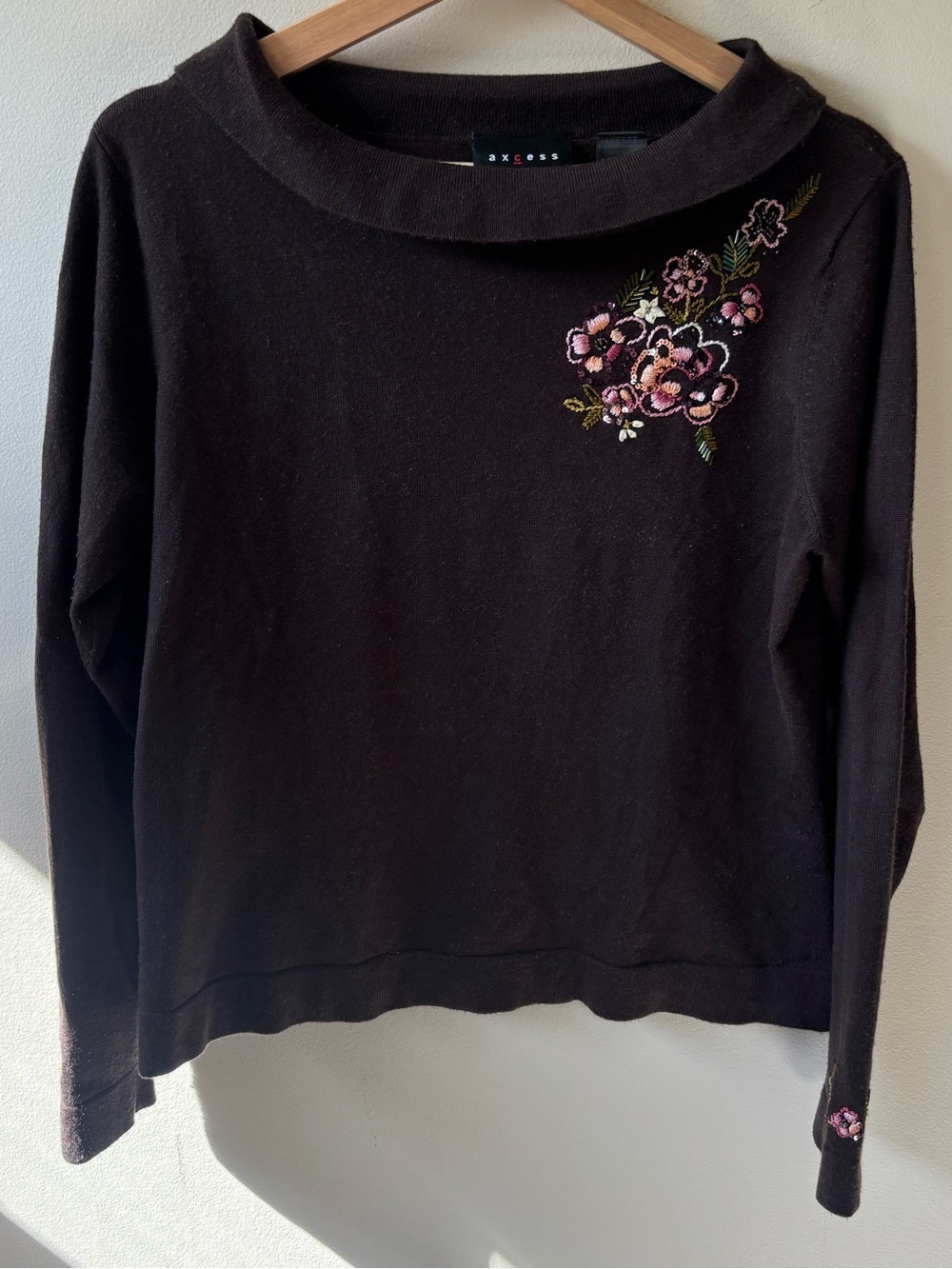 Axcess Brown Sweater with Beaded Floral Embroidery